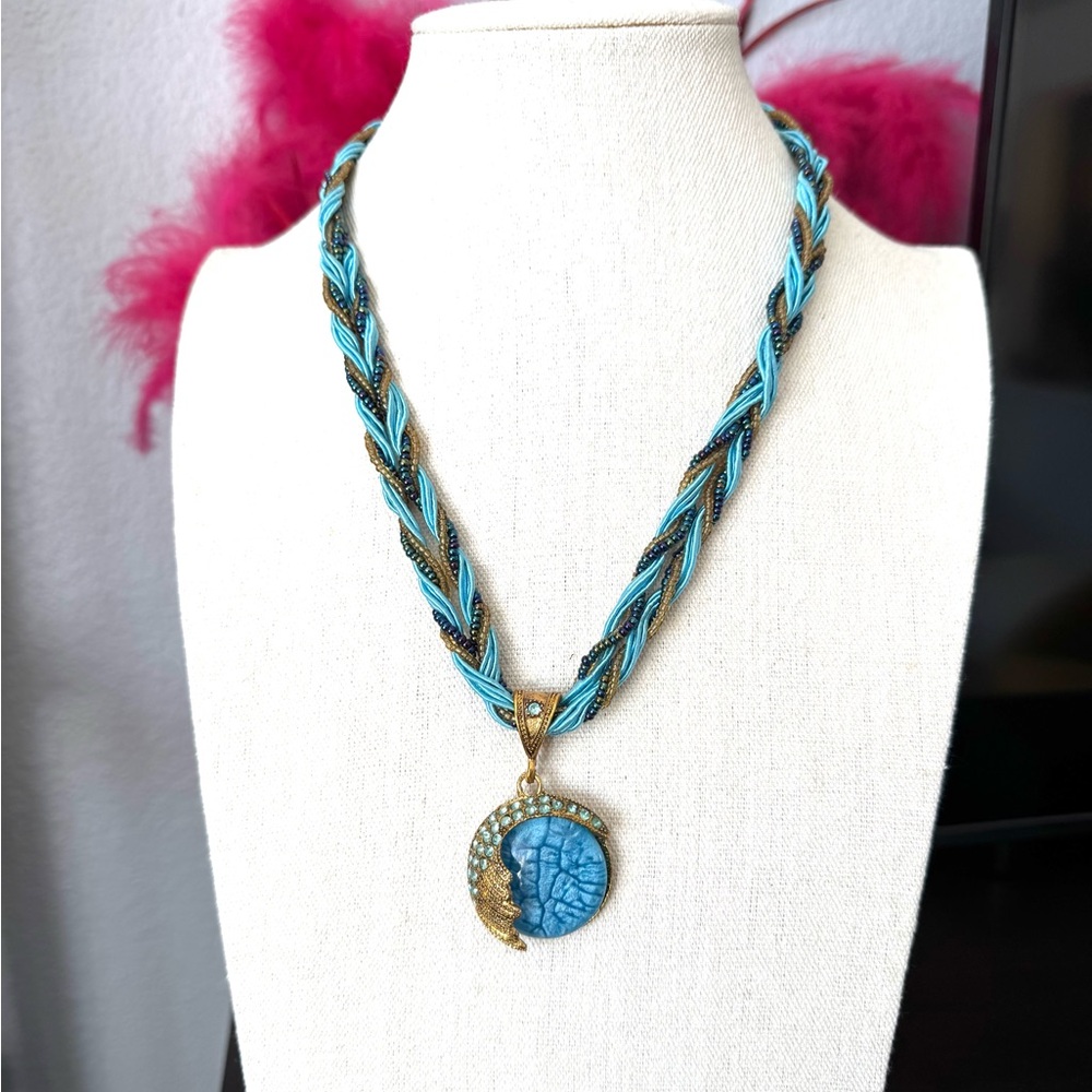 Blue Bejeweled Braided Beaded Necklace